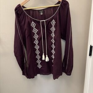 Lucky Brand Purple & Ivory Embroidered Peasant Blouse Boho Top XL